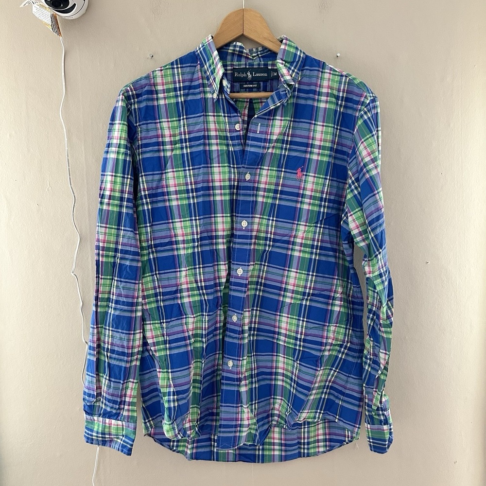 Ralph Lauren Mens Custom Fit Shirt Size M Plaid Blue Green Button Down Preppy - Picture 2 of 8